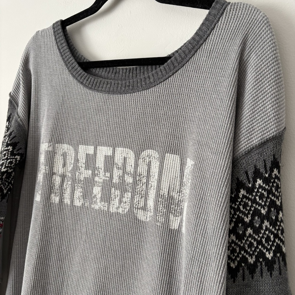 We the Free Waffle Knit Thermal Top Sz L Freedom Graphic Elbow Patches Boho USA - Picture 5 of 11